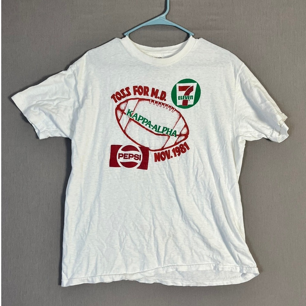 Vintage Hanes Tee XL White Cotton 1981 Kappa Alpha Pepsi 7-Eleven Made in USA